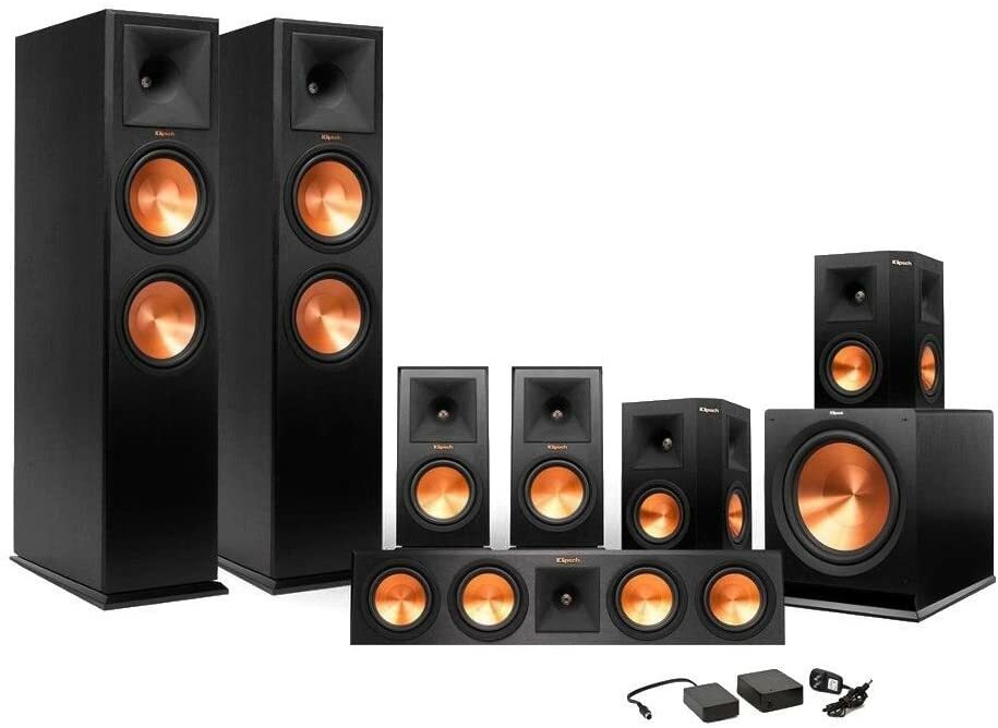Klipsch 7.1 home theater system with Dolby Atmos on white background
