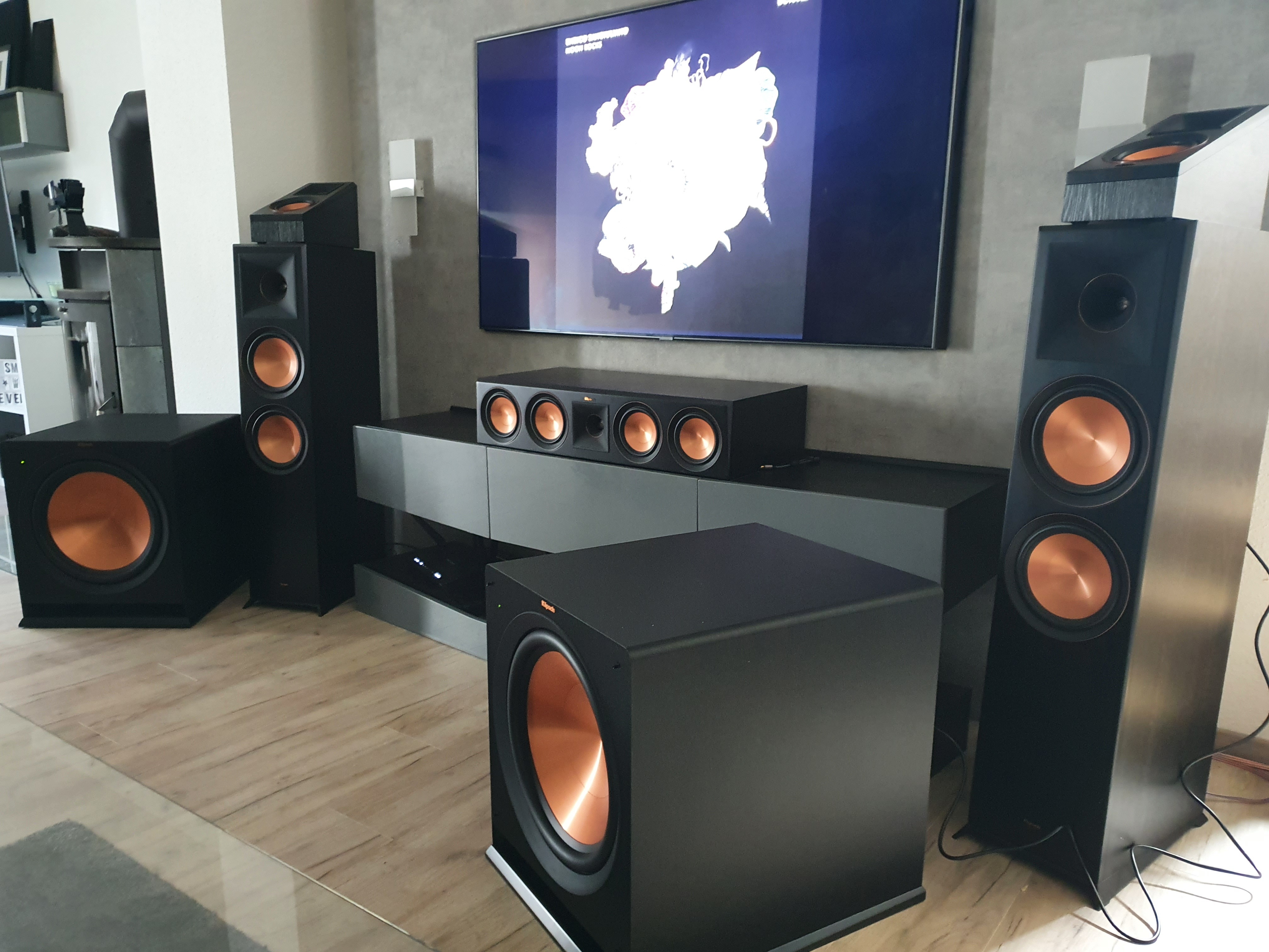 Stephan Kruif Klipsch home theater setup with copper cones close-up