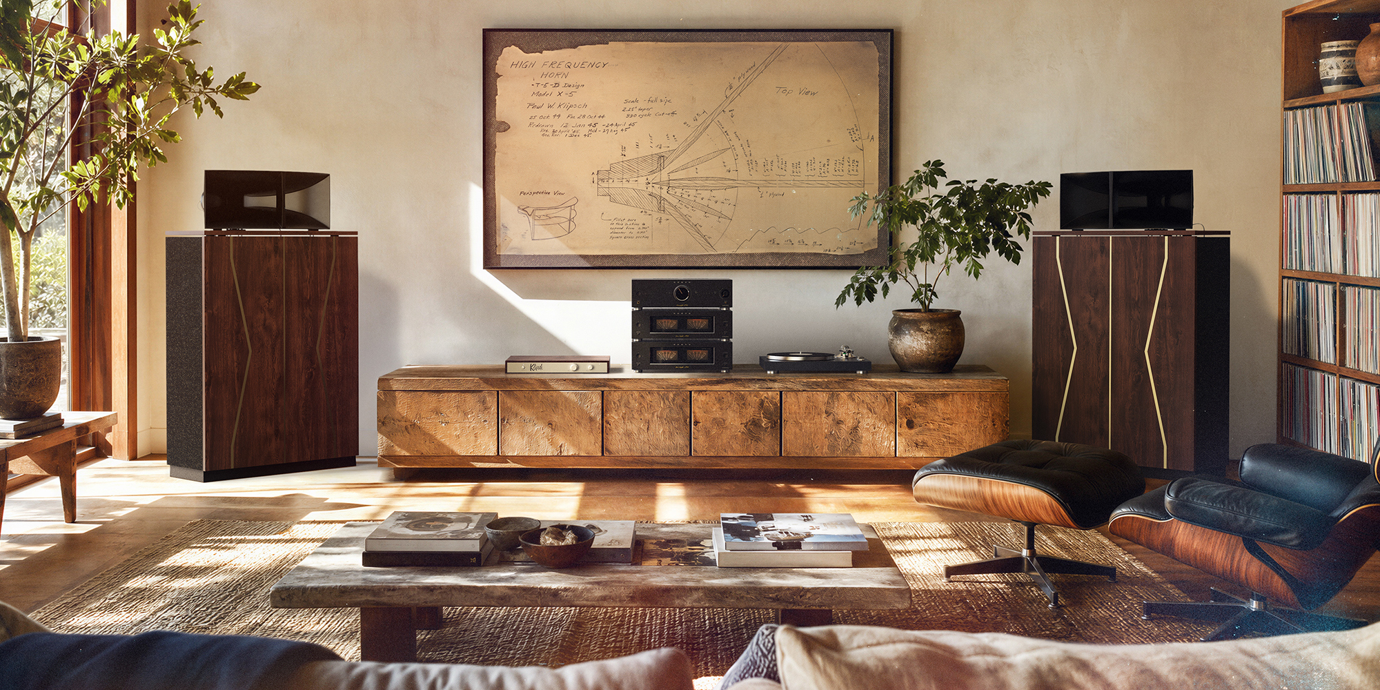 Klipschorn 80th 01 pair in a spacious sun soaked living room with modern Americana design 2000x1000