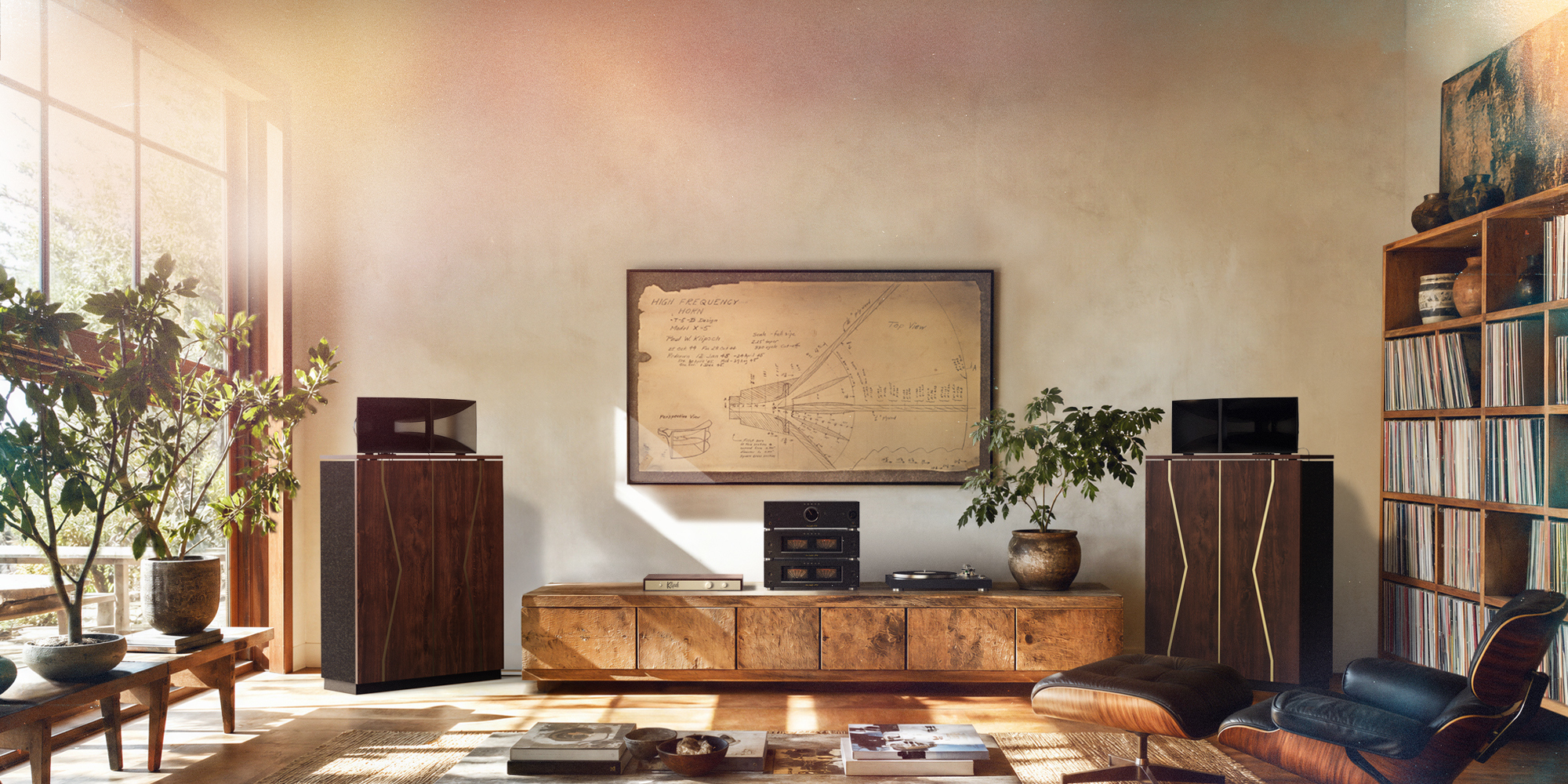 Klipschorn 80th HP pair in a spacious sun soaked living room with modern Americana design 2000x1000 jpg