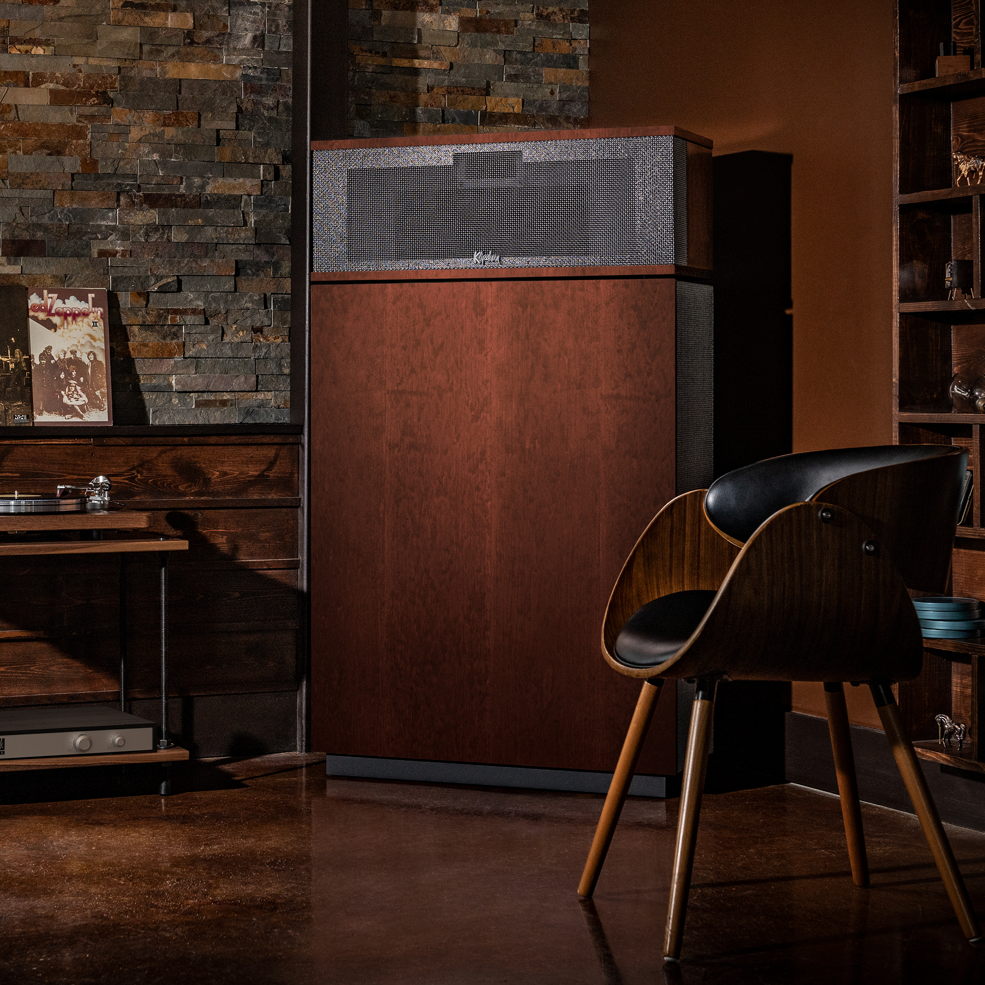 Klipschorn AK7 AA in Loft beside records and record player 2000x2000