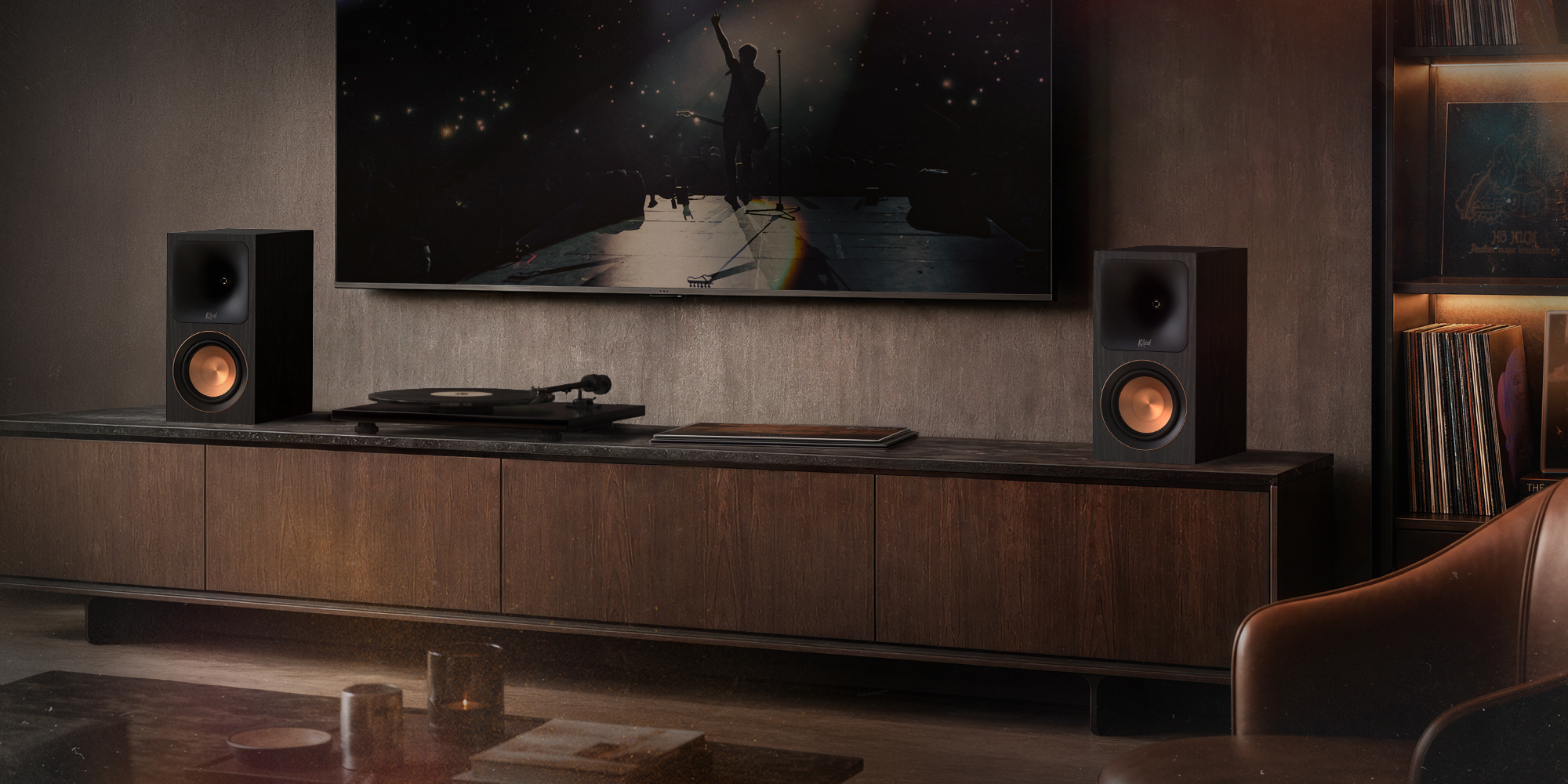 Klipsch RP-500PM on media console beside turntable
